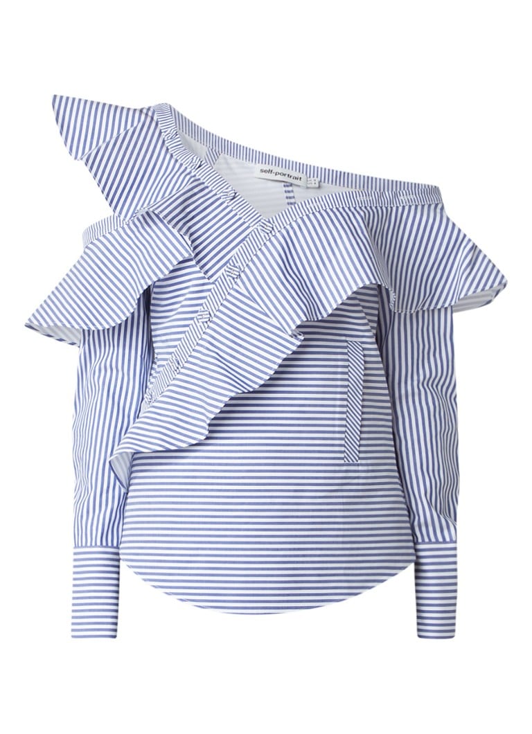 Self-Portrait Striped Frill top met asymmetrische halslijn lichtblauw