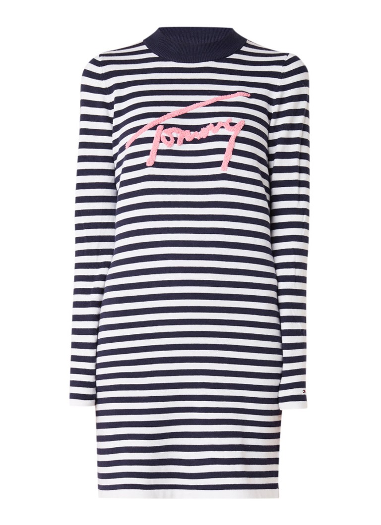 Tommy Hilfiger Fijngebreide trui-jurk met streepdessin en logo boduring donkerblauw