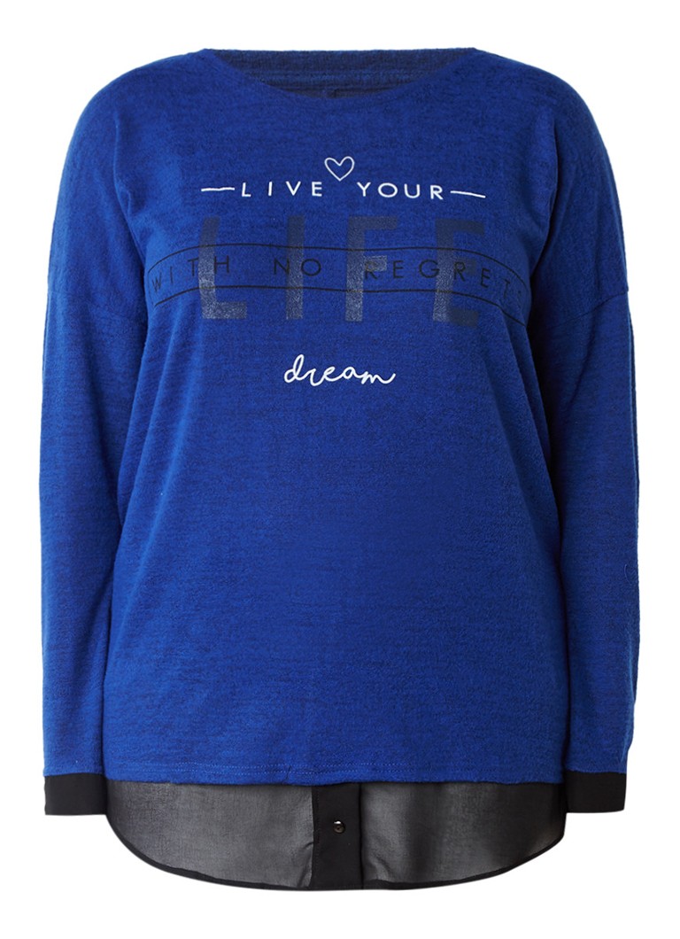 Zizzi Sweater met blouse-inzet en tekstopdruk blauw