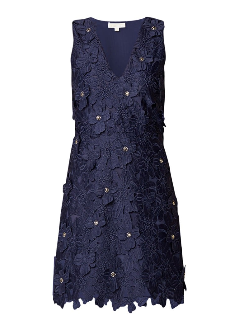 Michael Kors Floral jurk van gebloemd kant met V-hals donkerblauw