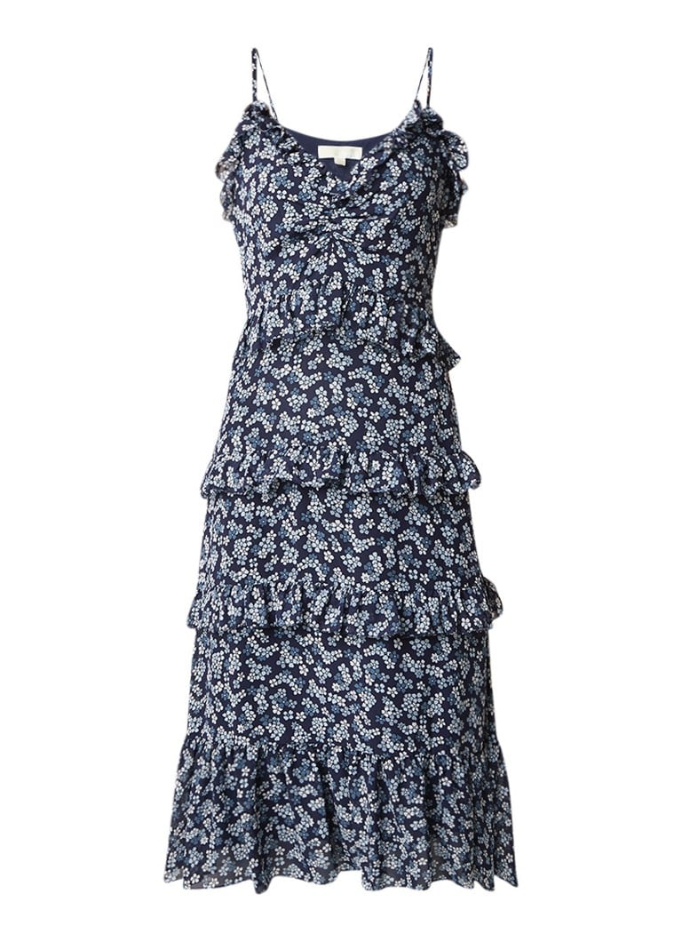 Michael Kors Midi-jurk met ruches en bloemendessin blauw