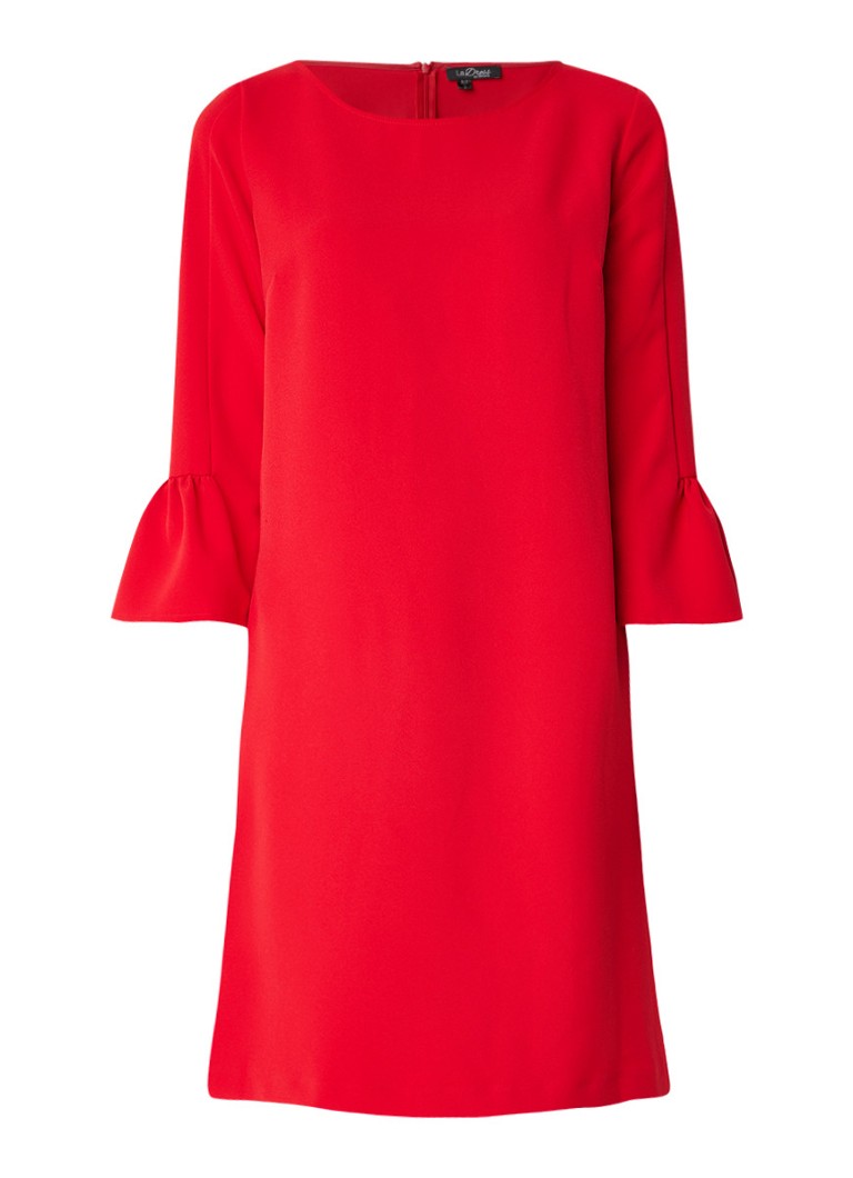 LaDress Barbra loose fit midi-jurk met driekwart trompetmouw rood