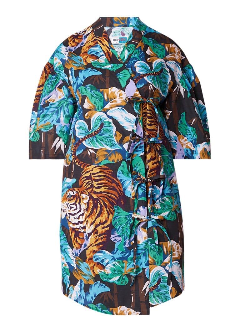 KENZO Collection Memento NÂ°2 kimono wikkeljurk met knoopdetail en botanische print middenblauw