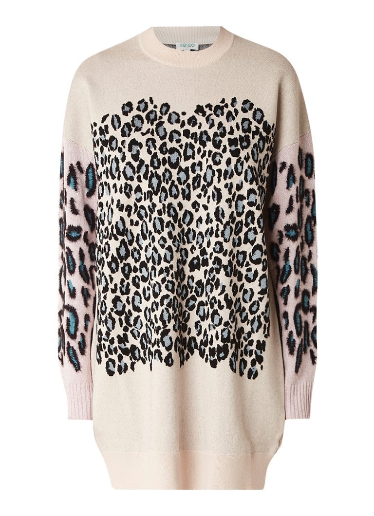 KENZO Leopard fijngebreide trui-jurk met luipaard dessin camel