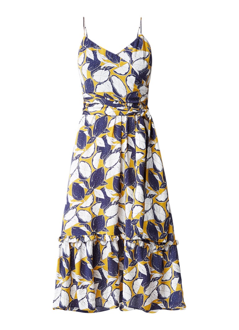 Whistles Lemon midi-jurk met citroenprint en strikceintuur mosterd