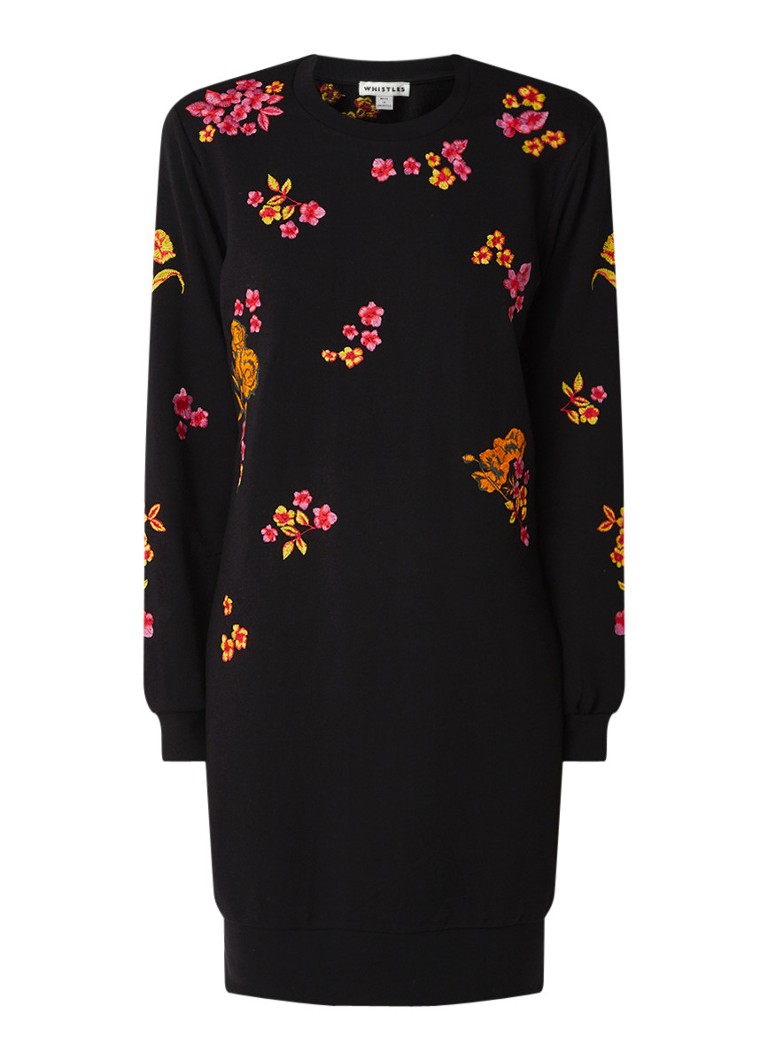Whistles Fijngebreide trui-jurk van katoen met geborduurde bloemen diepzwart