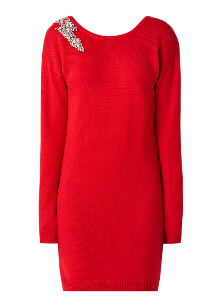 NIKKIE Kayla fijngebreide midi-jurk in wolblend met strass details rood