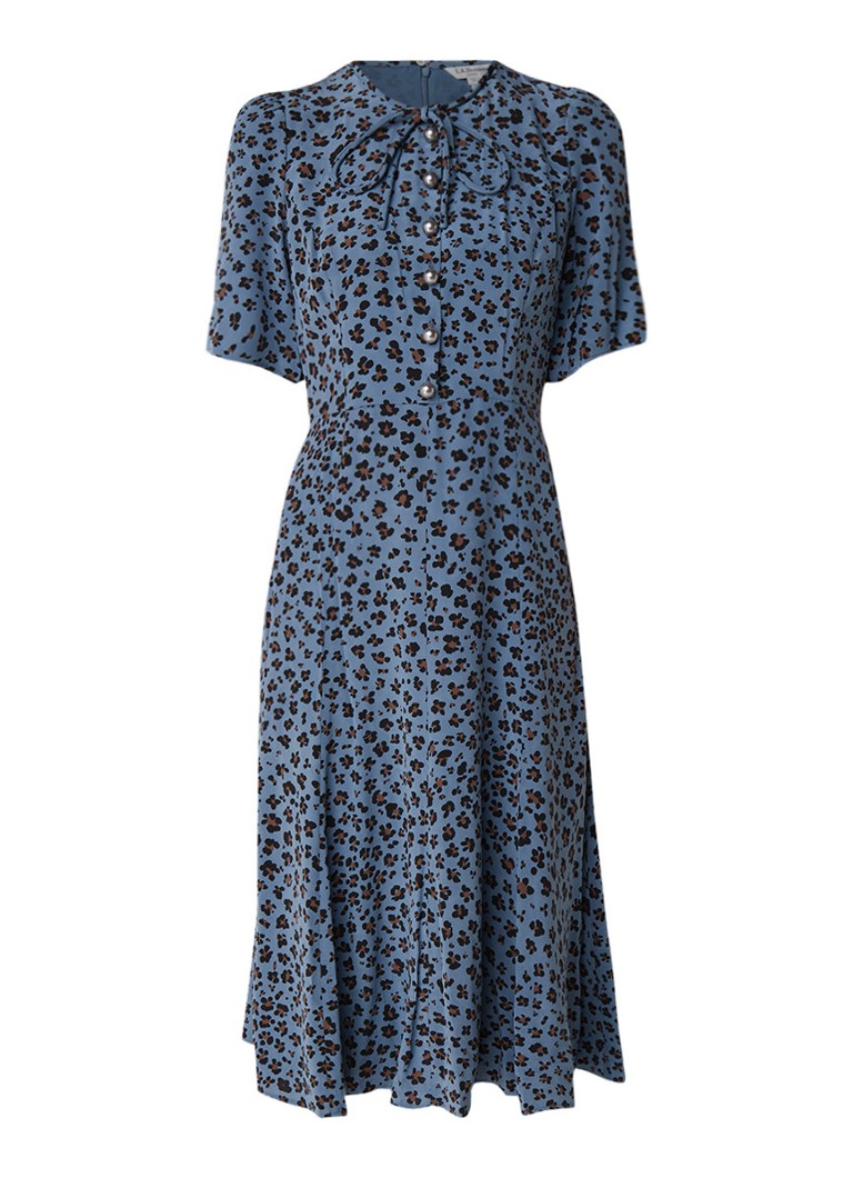 L.K.Bennett Montana midi-jurk van zijde met dessin en sierknopen middenblauw