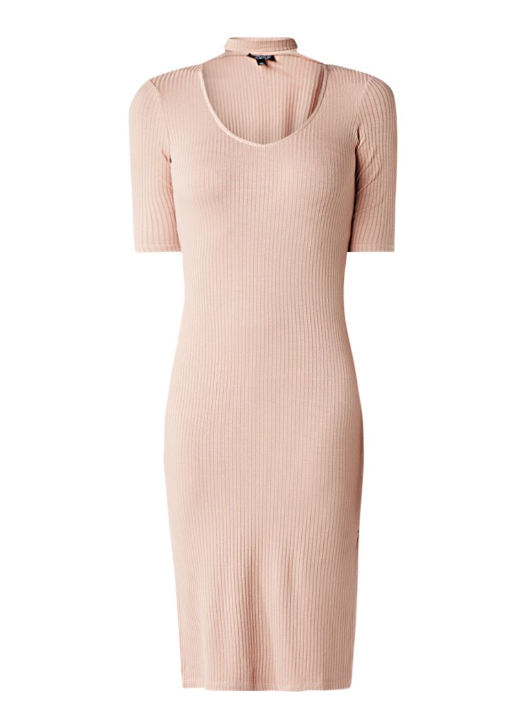 Topshop Ribgebreide midi-jurk met choker oudroze