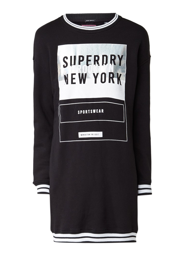 Superdry Sweaterjurk met logoprint en ribgebreide boorden zwart