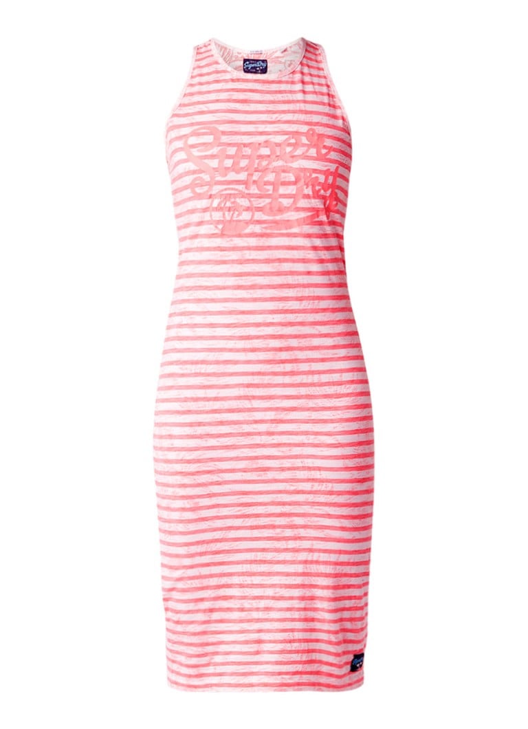 Superdry Lagoon midi-jurk met streepdessin en logoprint neonroze