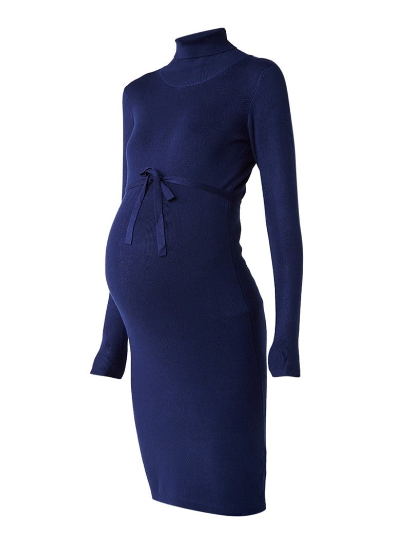 Mama Licious Jacina fijngebreide coltrui jurk met ceintuur donkerblauw