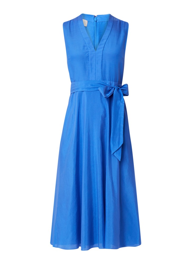 Hobbs Regina midi-jurk in zijdeblend met strikceintuur blauw