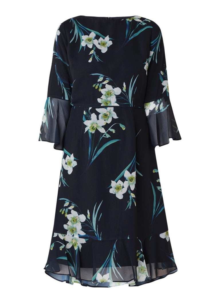 Hobbs Adriana midi-jurk met bloemendessin en volant donkerblauw