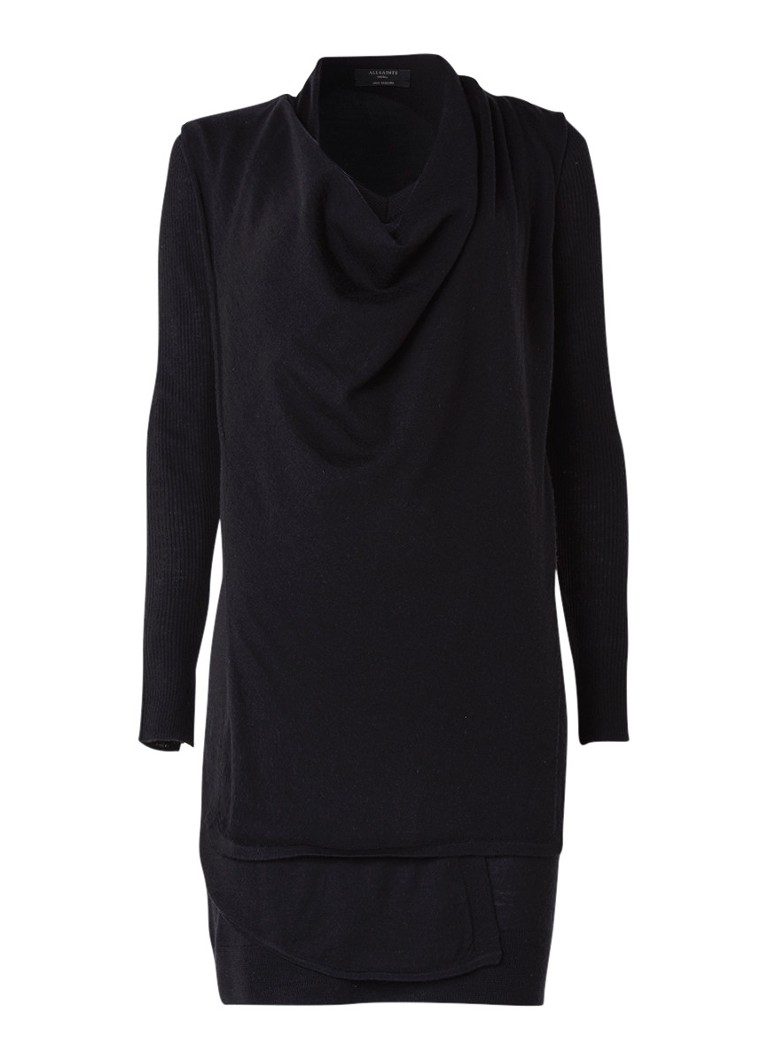 AllSaints Drina trui-jurk van merinowol met asymmetrische overlay zwart