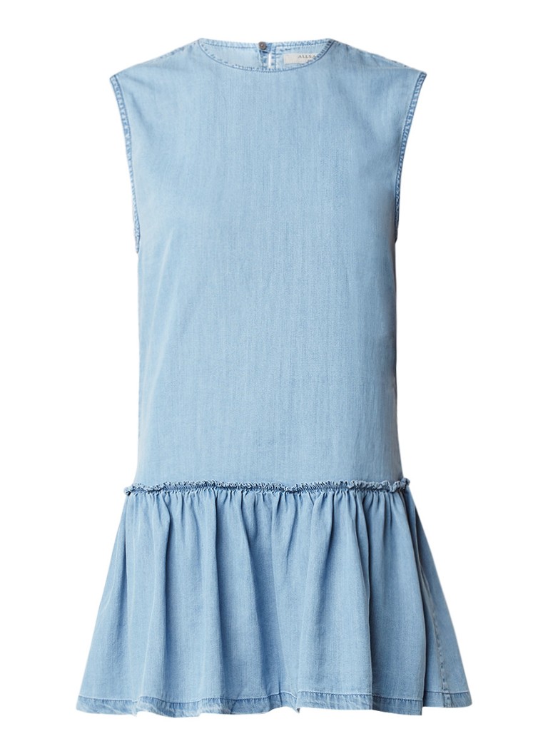 AllSaints Polly chambray A-lijn jurk met volant indigo