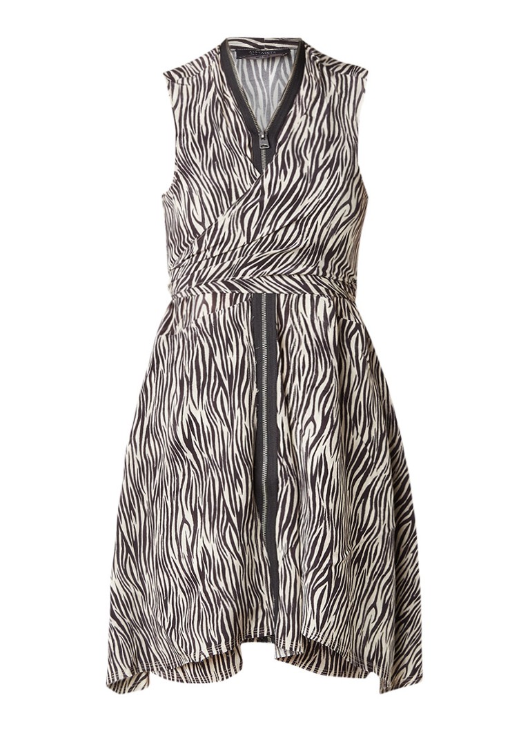 AllSaints Jayda asymmetrische jurk van zijde zebra dessin creme