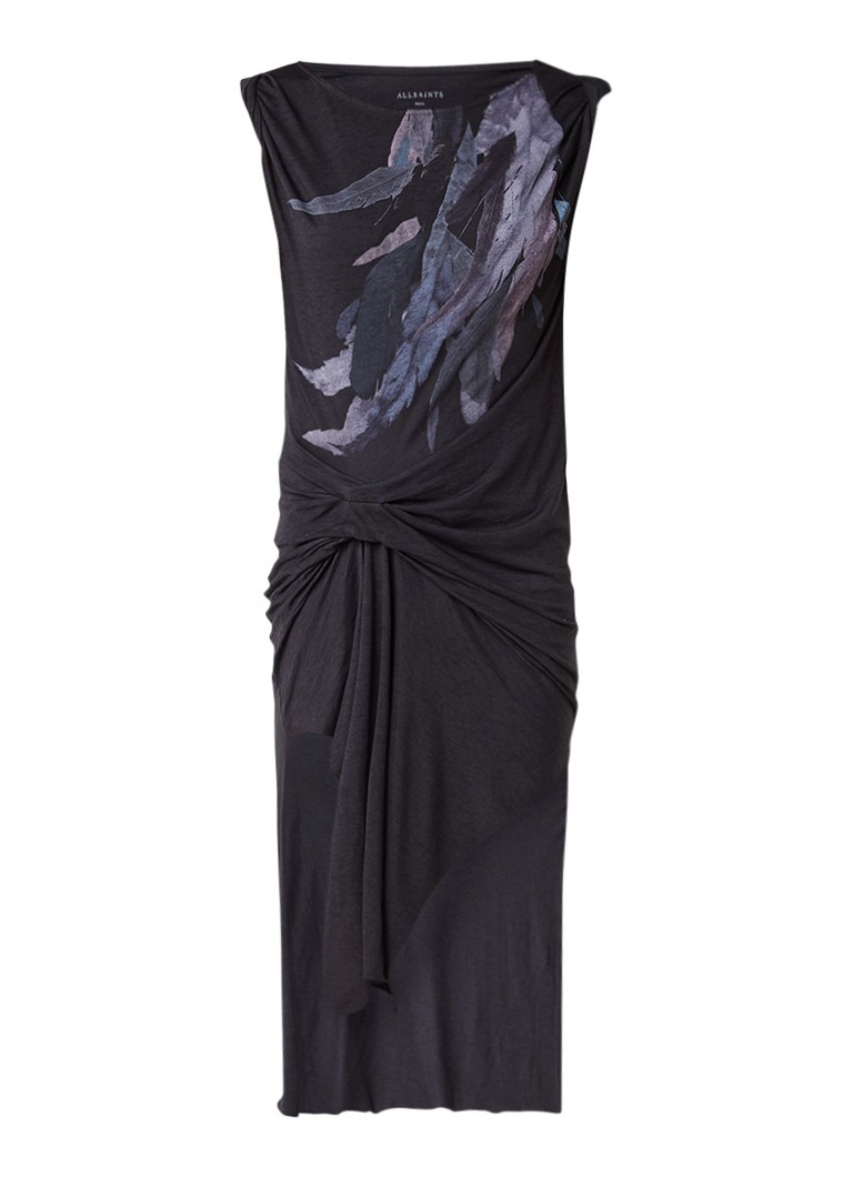 AllSaints Riviera midi-jurk met drapering en verenprint antraciet