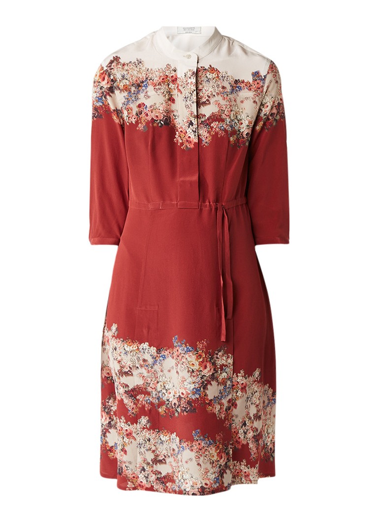 AllSaints Vera Clement midi-jurk van zijde en bloemendessin roestbruin