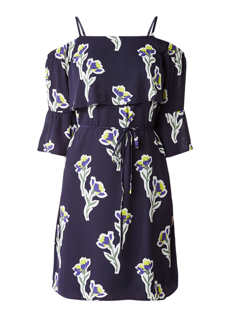 Warehouse Iris cold shoulder jurk met bloemendessin donkerblauw