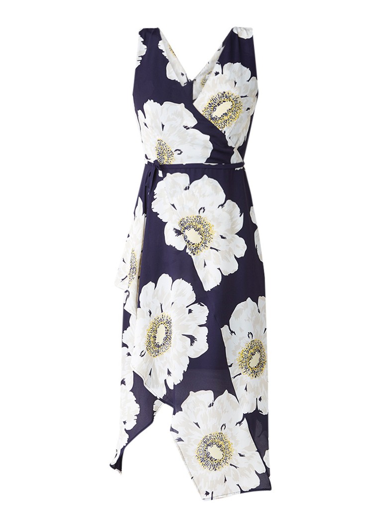 Warehouse Melody midi-jurk met bloemendessin en ceintuur donkerblauw