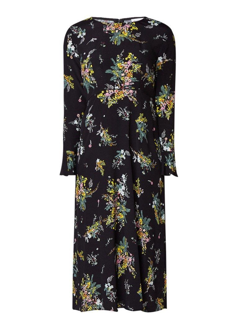 Warehouse Midi-dress met bloemendessin en trompetmouw zwart