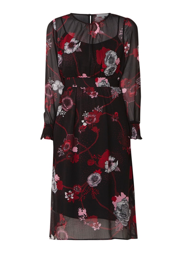 Warehouse Midi-jurk met bloemendessin en gesmockte details zwart