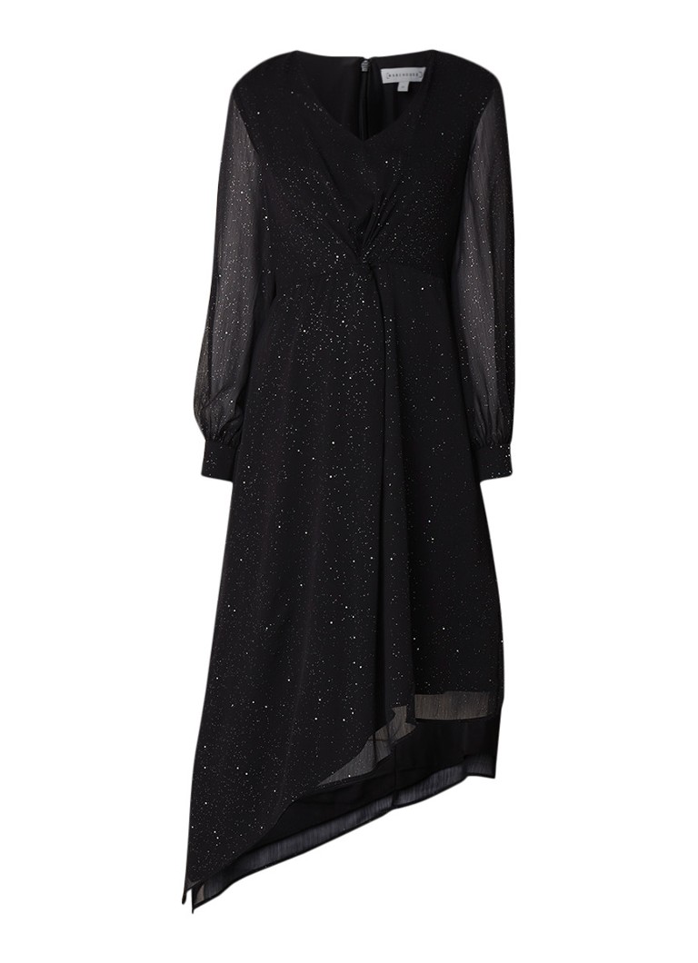 Warehouse Glitter semi-transparante midi-jurk met knoopdetail diepzwart