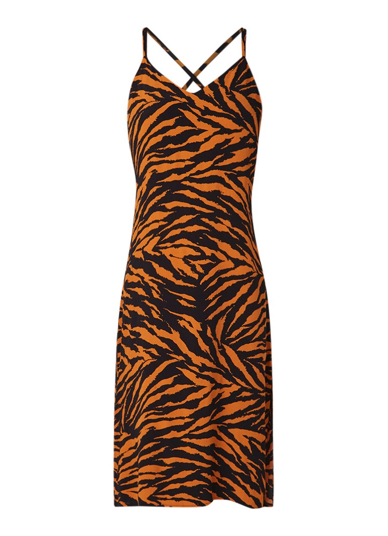 Warehouse Midi-jurk met tijgerprint en split roestbruin
