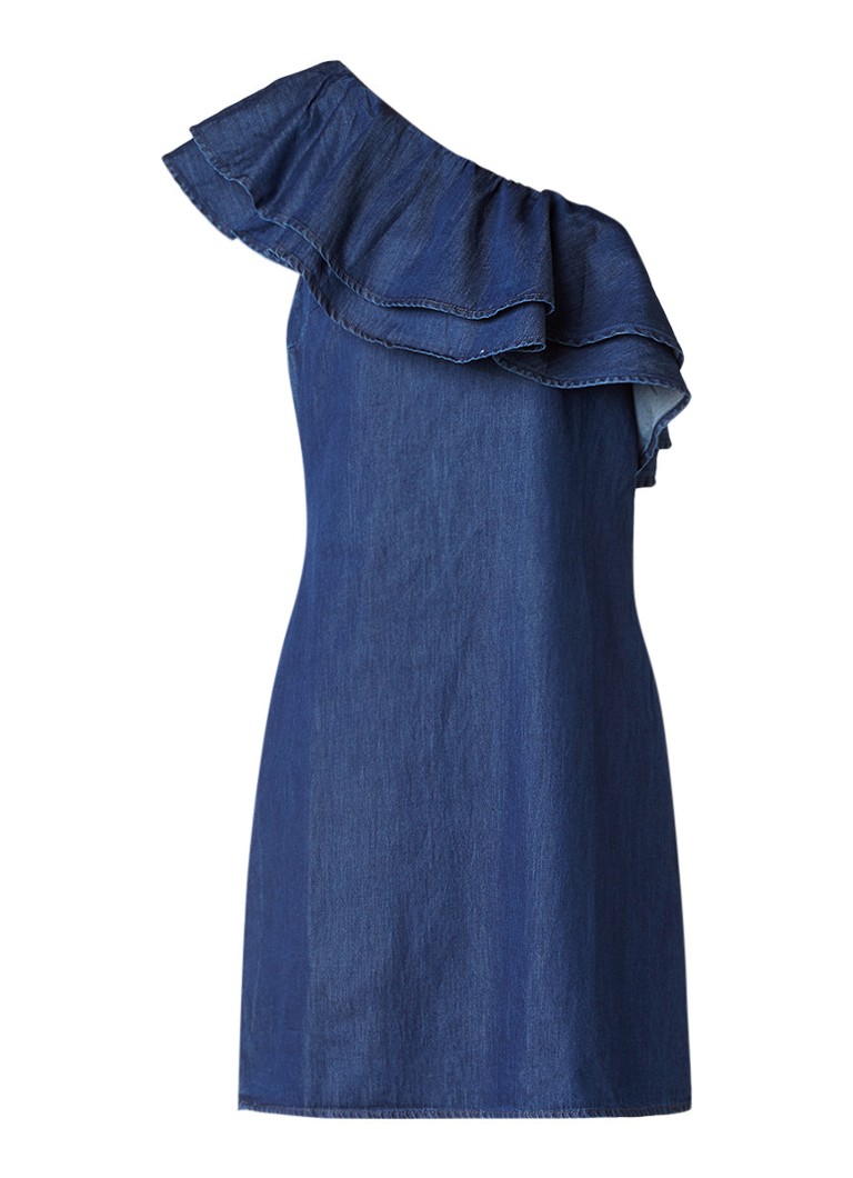 Warehouse One Shoulder jurk van denim met volant indigo