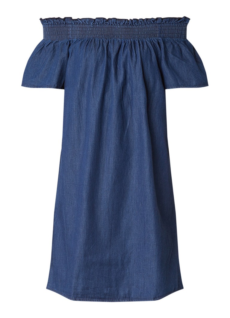 Warehouse Off shoulder jurk met gesmockte halslijn indigo