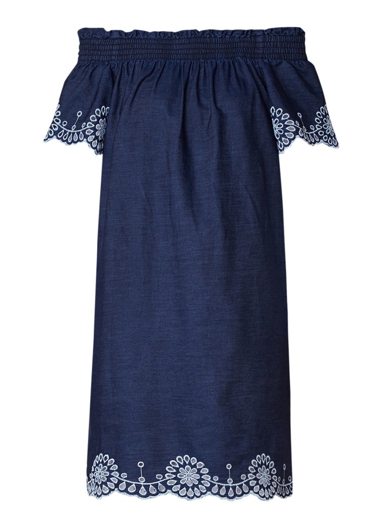 Warehouse Off shoulder jurk met broderie in denim look indigo