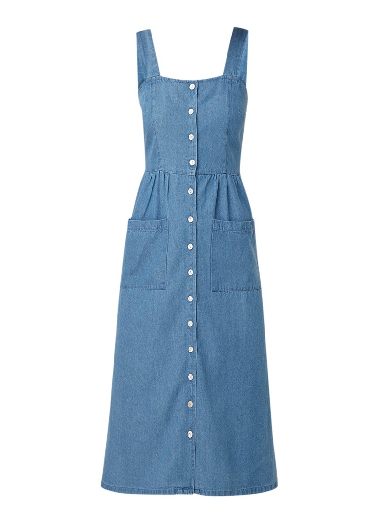 Warehouse Mouwloze midi-jurk van denim met knoopsluiting indigo