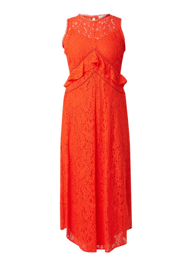 Warehouse Maxi-jurk van kant met volants oranje