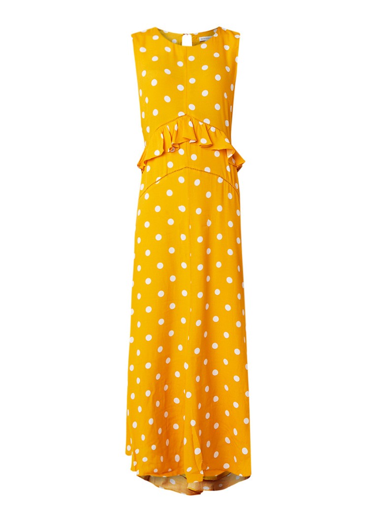 Warehouse Mouwloze maxi-jurk met stippendessin en volant okergeel