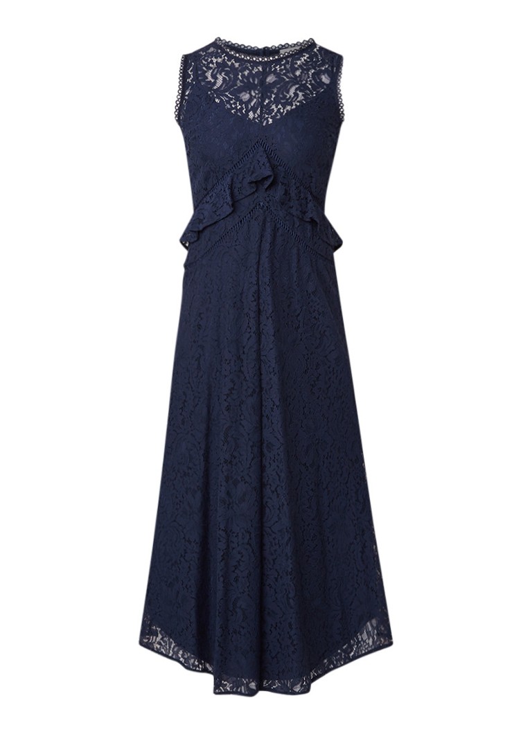 Warehouse Maxi-jurk van kant met volants donkerblauw