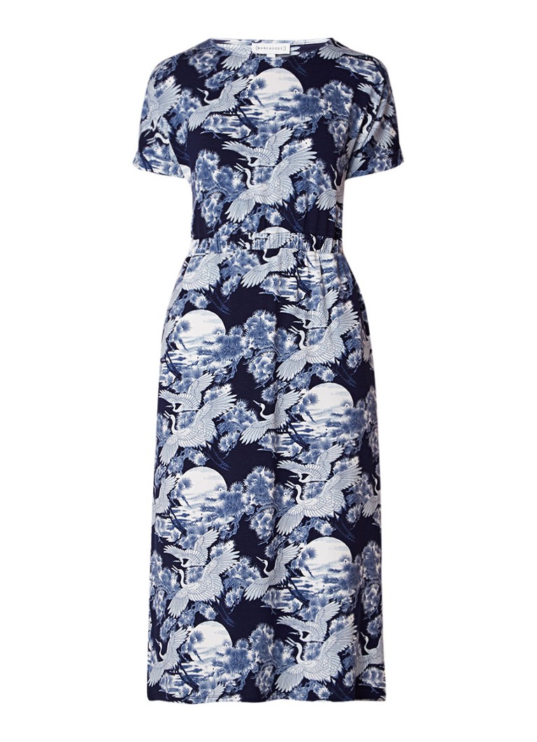 Warehouse Jersey midi-jurk met vogeldessin en steekzak middenblauw