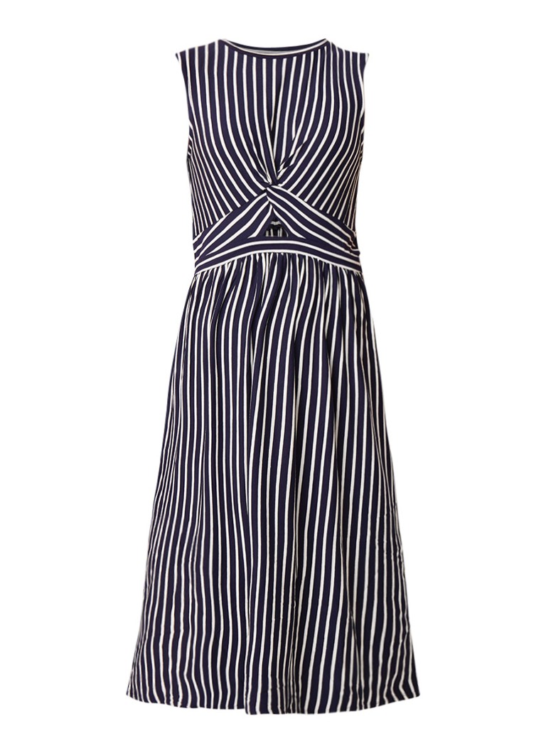 Warehouse Midi-jurk met streepdessin en knoopdetail donkerblauw