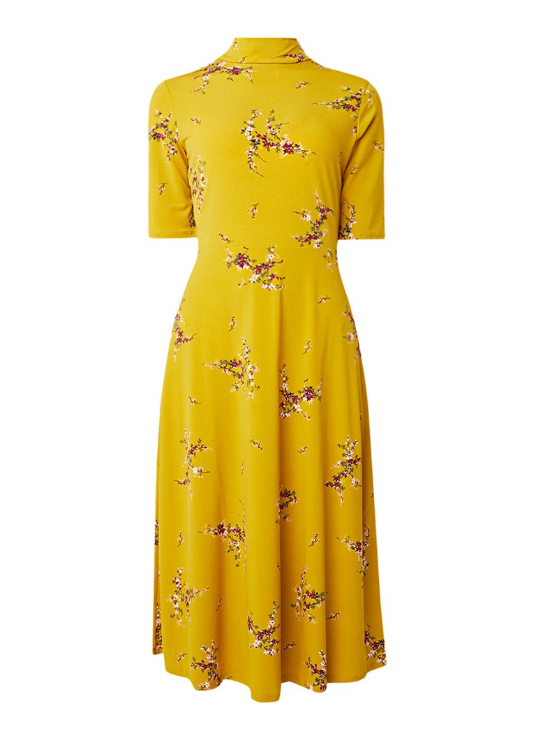 Warehouse Midi-jurk met bloemendessin en rugdecolletÃ© donkergeel