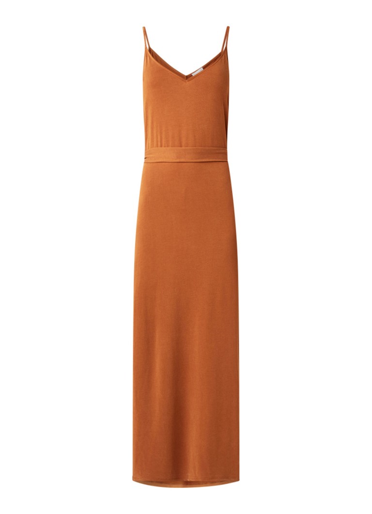 Warehouse Maxi-jurk met strikceintuur en split hazelnootbruin