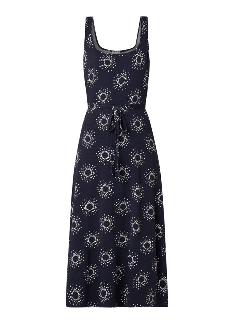Warehouse Sun midi-jurk met dessin en strikceintuur donkerblauw