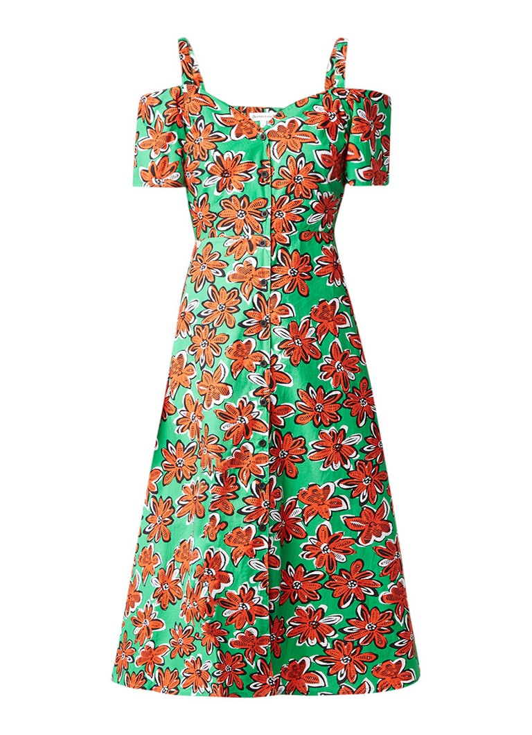 Warehouse Woodblock off shoulder midi-jurk met bloemendessin groen