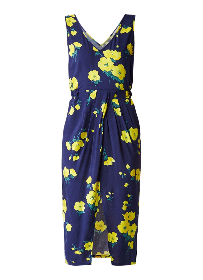 Warehouse Delia jurk met split en bloemendessin donkerblauw