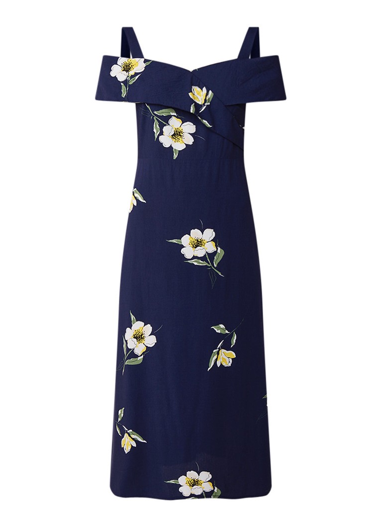 Warehouse Buttercup gebloemde midi-jurk met cold shoulder middenblauw