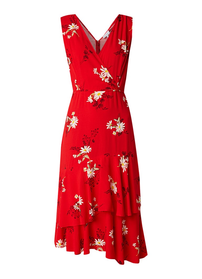 Warehouse Daisy midi-jurk met bloemendessin en strikceintuur rood