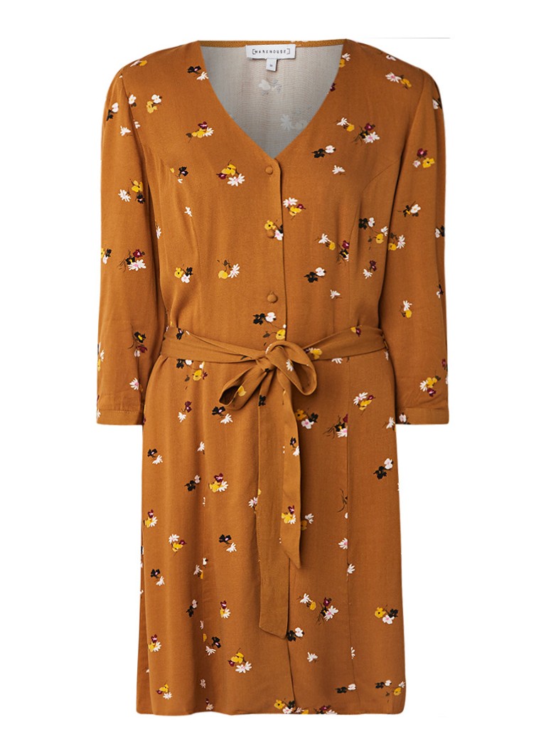 Warehouse Bea blousejurk met bloemendessin en strikceintuur camel