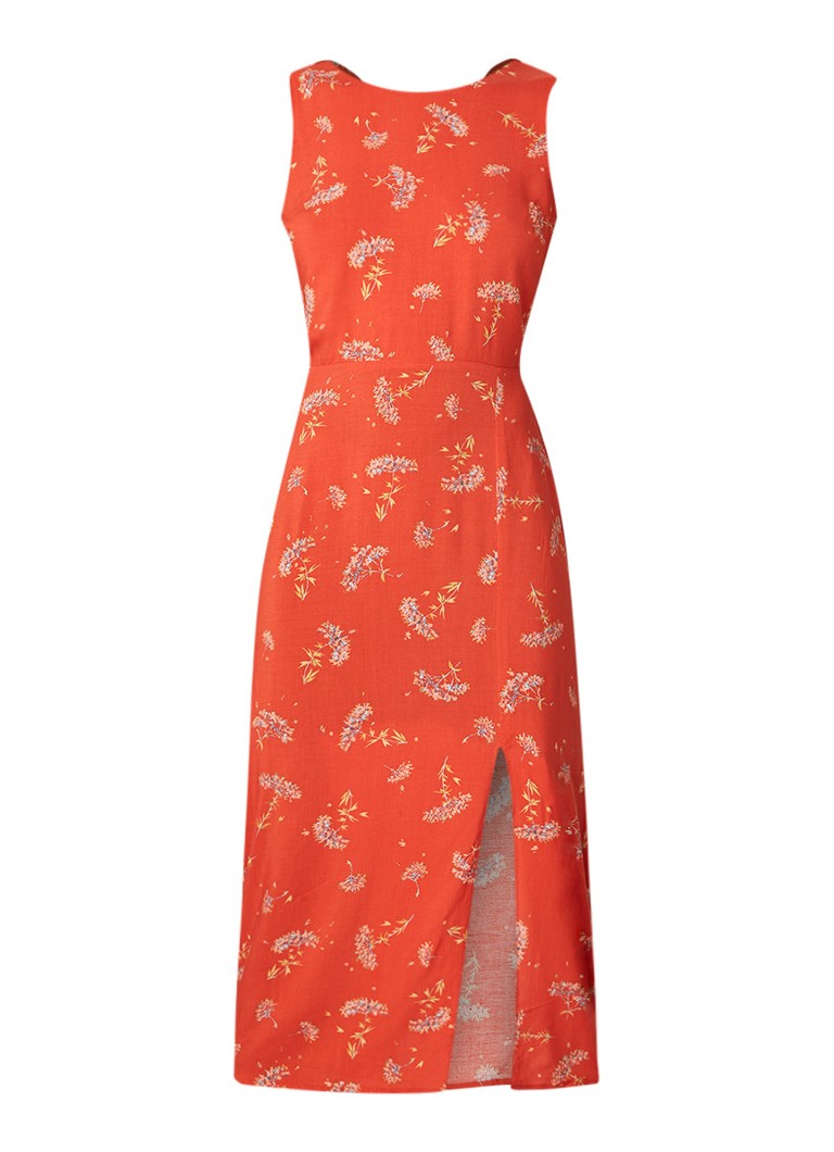 Warehouse Mouwloze midi-jurk met bloemendessin koraal