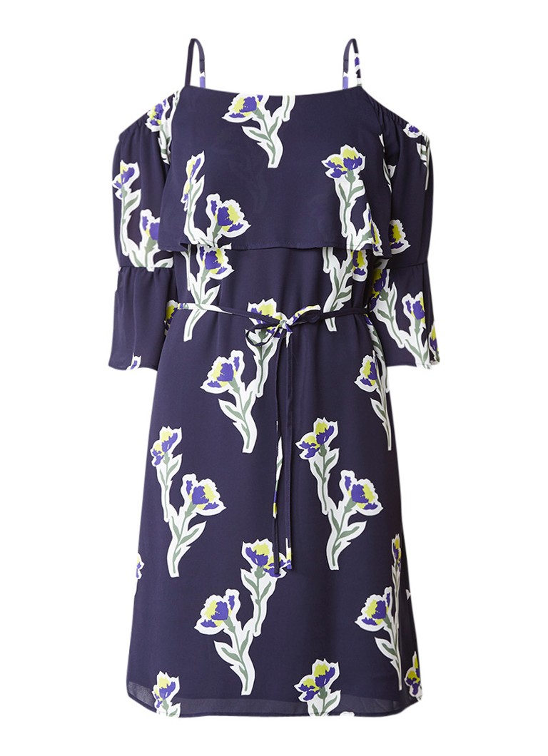 Warehouse Iris cold shoulder jurk met bloemendessin donkerblauw