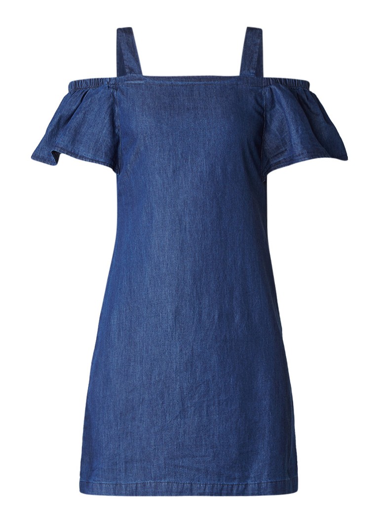 Warehouse Cold shoulder jurk in denim look donkerblauw
