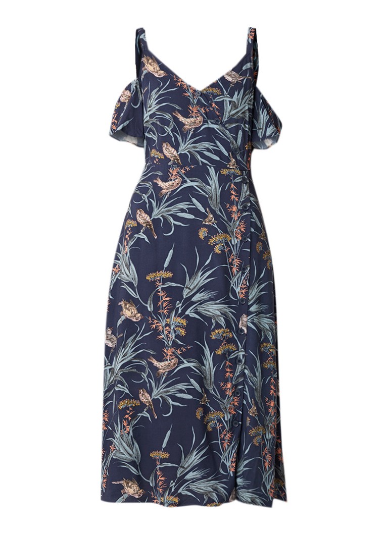 Warehouse Maxi-jurk met print en cold shoulder donkerblauw